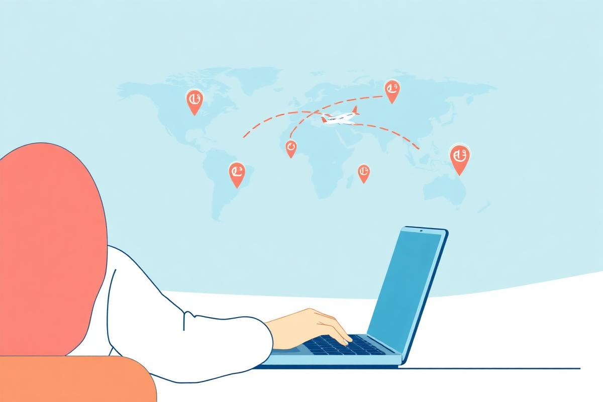 Person searching for flight deals on a laptop with a world map and price tags